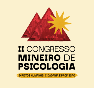 Logomarca do II Congresso Mineiro de Psicologia. No topo 2 triângulos vermelhos sobrepostos que remetem a montanhas e a à bandeira de Minas Gerais. Sobre os triângulos cologem que remete a raios de sol. Abaixo dos triângulos, nome do congresso na cor preta. Numa tarja da cor mostarda, o mote do Congresso: Direitos Humanos, Cidadania e Profissão.